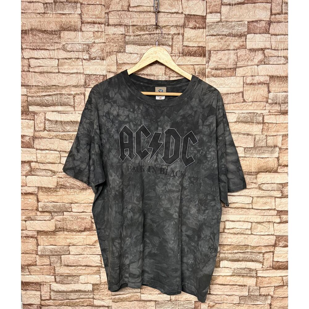 Vintage ACDC Back in Black Rock Band T shirt Liquid Blue Acid Wash Size 2XL